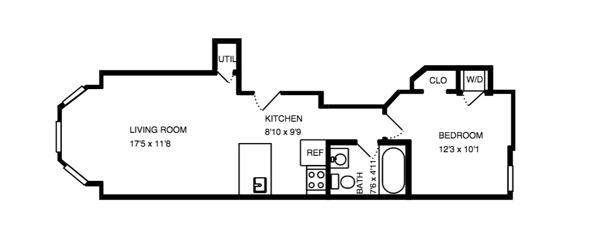 Floor plan for 1 bed, 1 bath, 460 sqft